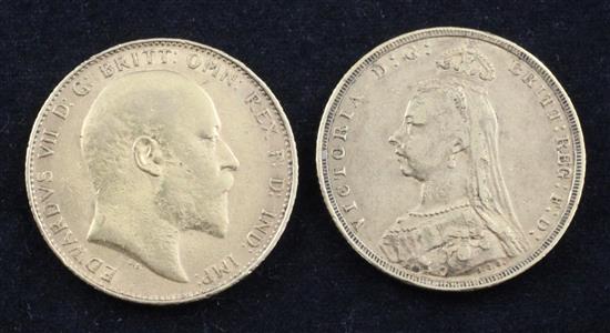 A Victoria 1892 gold full sovereign and an Edward VII 1906 gold full sovereign,